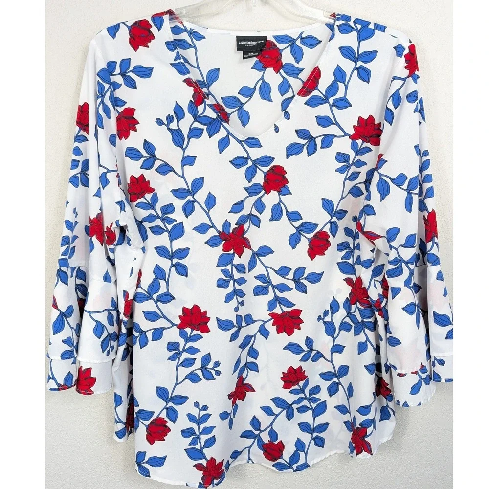 Liz Claiborne‎ Career White Red Blue Floral Print Bell Sleeve Blouse Top XXL - Picture 2 of 8